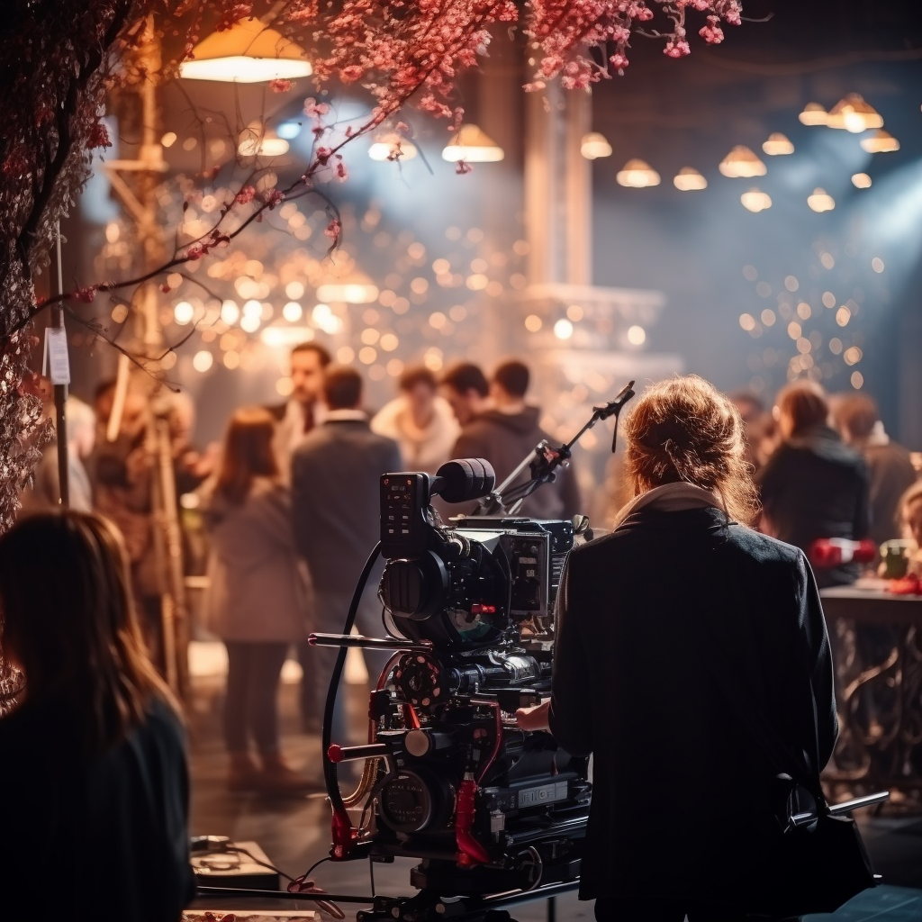 Actors on Movie Set with Cameras and Lighting