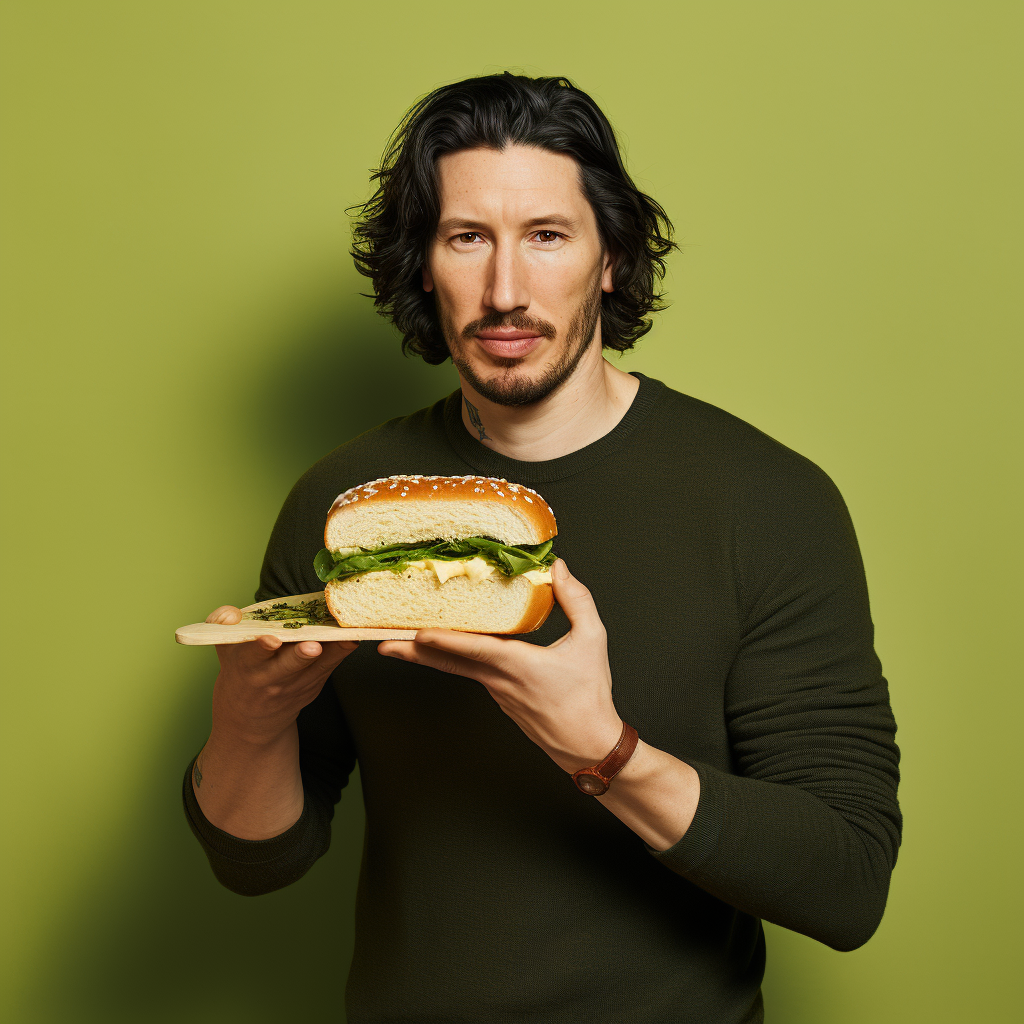 Adam Driver holding up sandwich