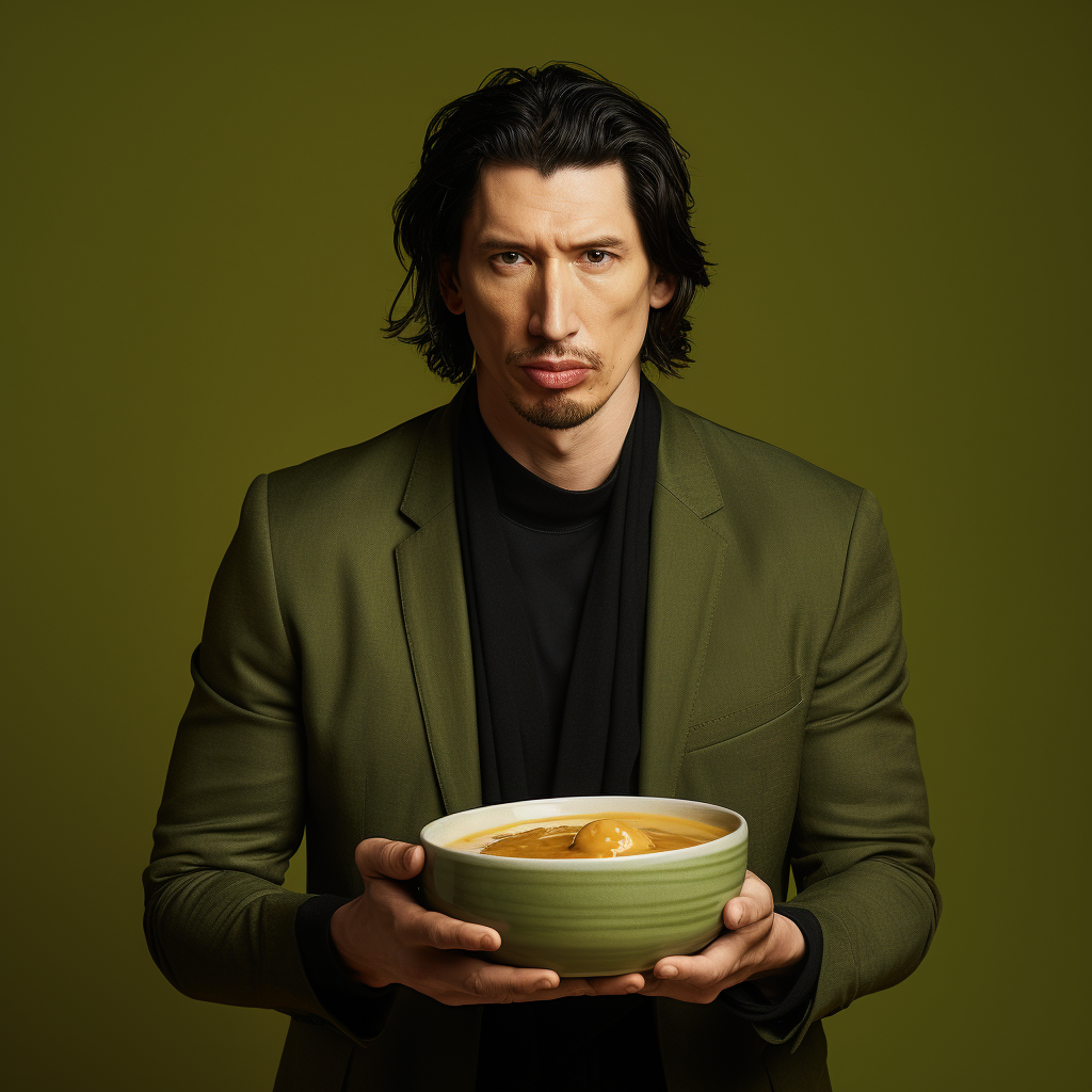 Adam Driver holding bowl of soup