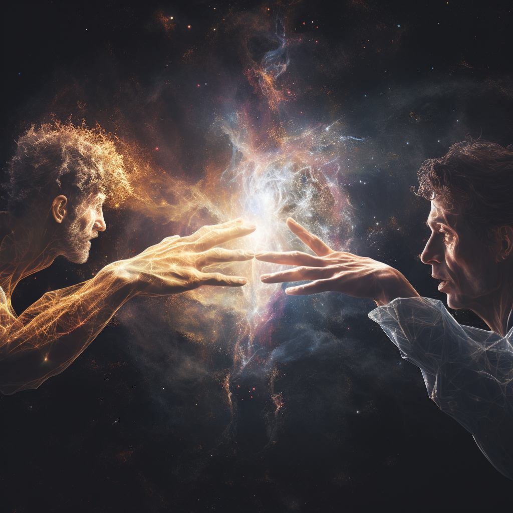 Adam and God touching fingers in futuristic setting