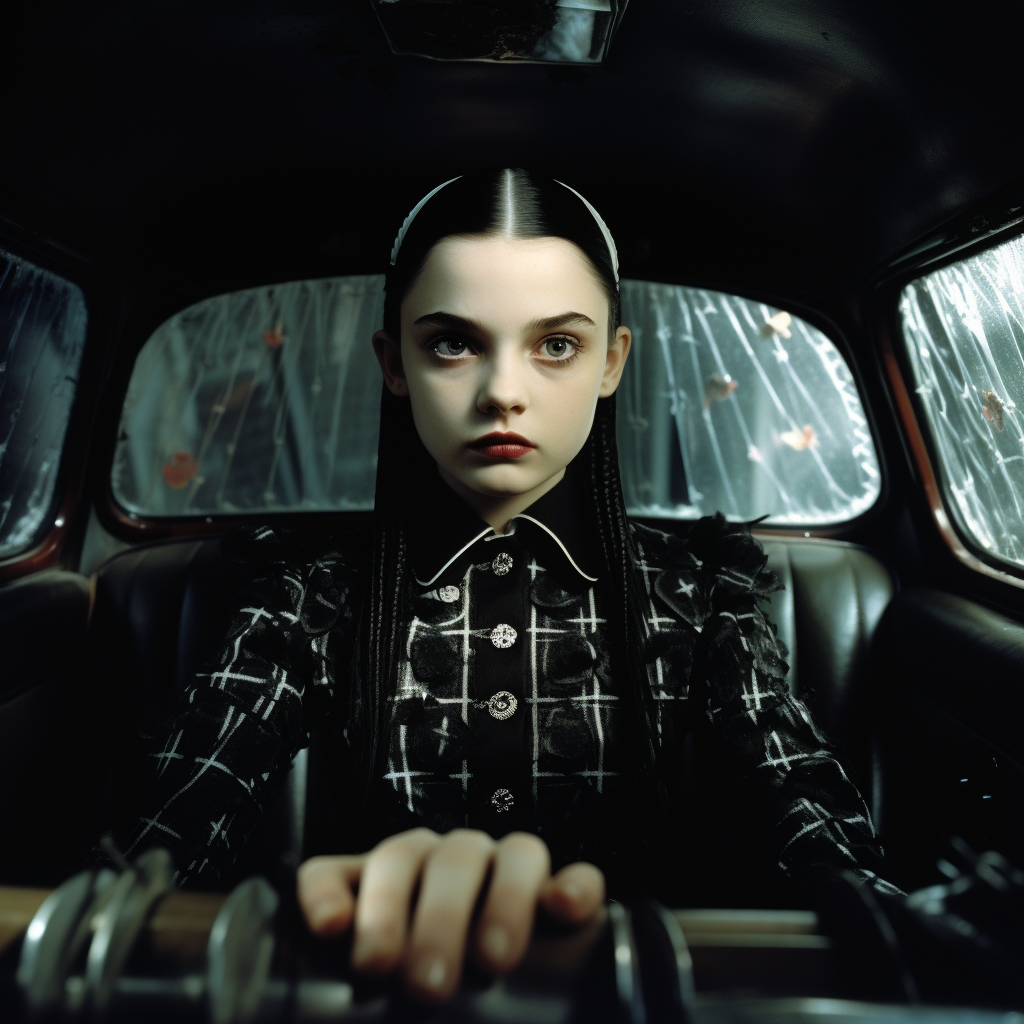 Wednesday Addams driving the Batmobile in Gotham