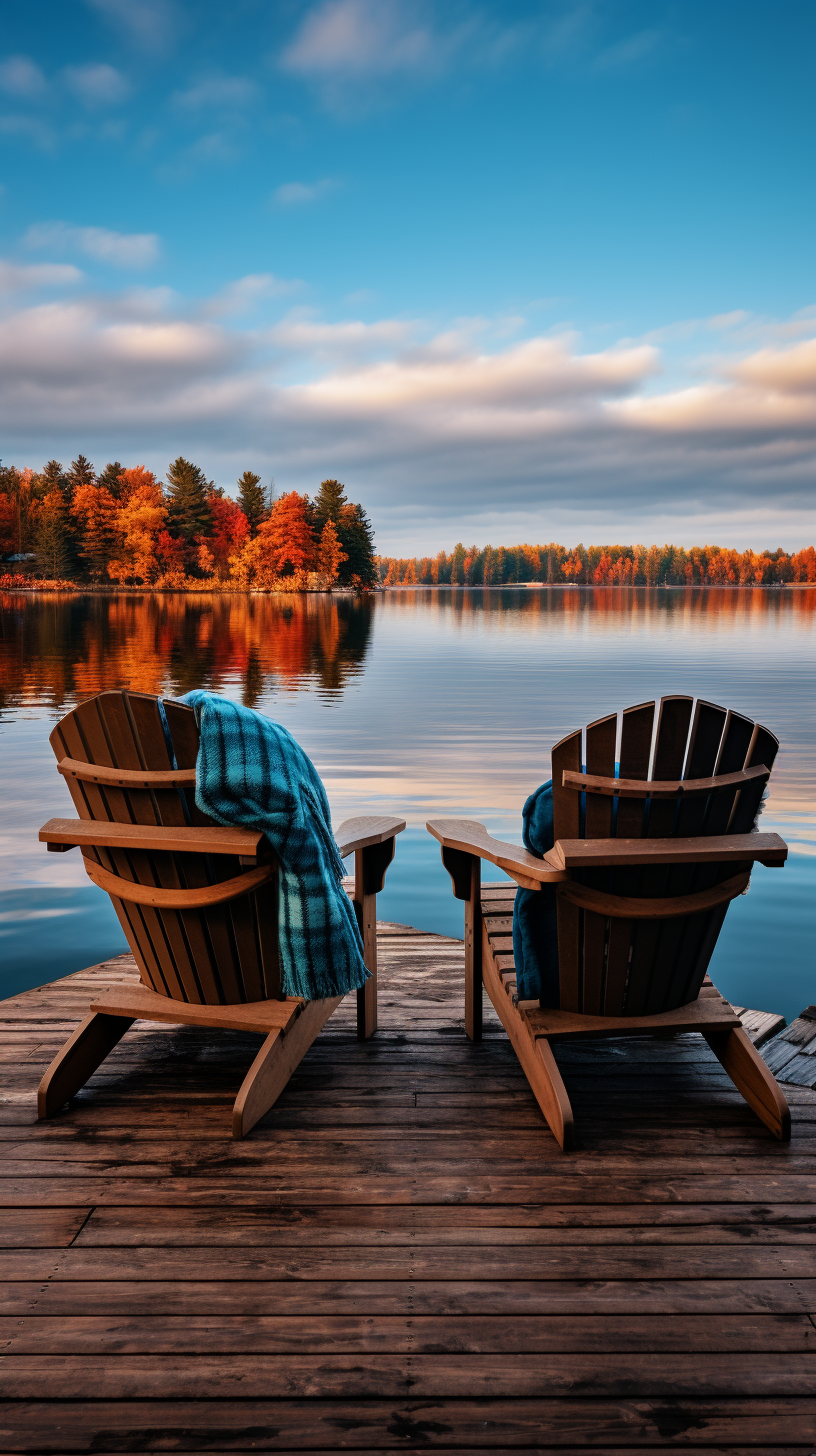 Adirondack chairs by the lake in autumn