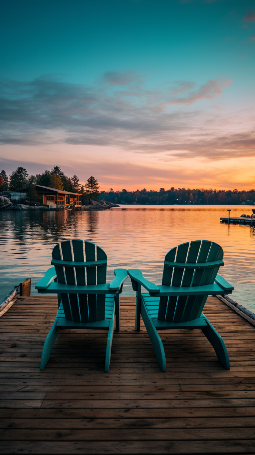 Adirondack chairs with blankets on lake pier