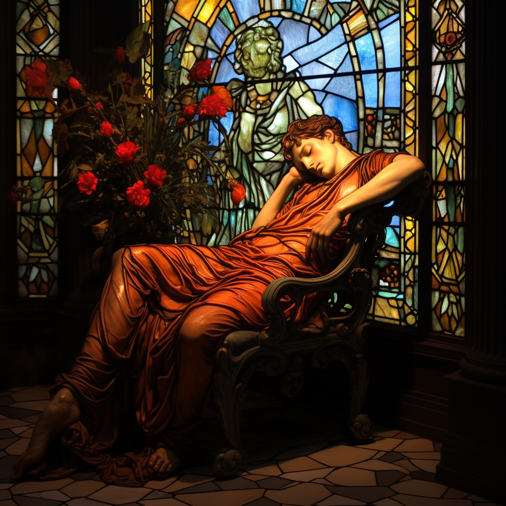 Resting Adonis in Tiffany Stained Glass