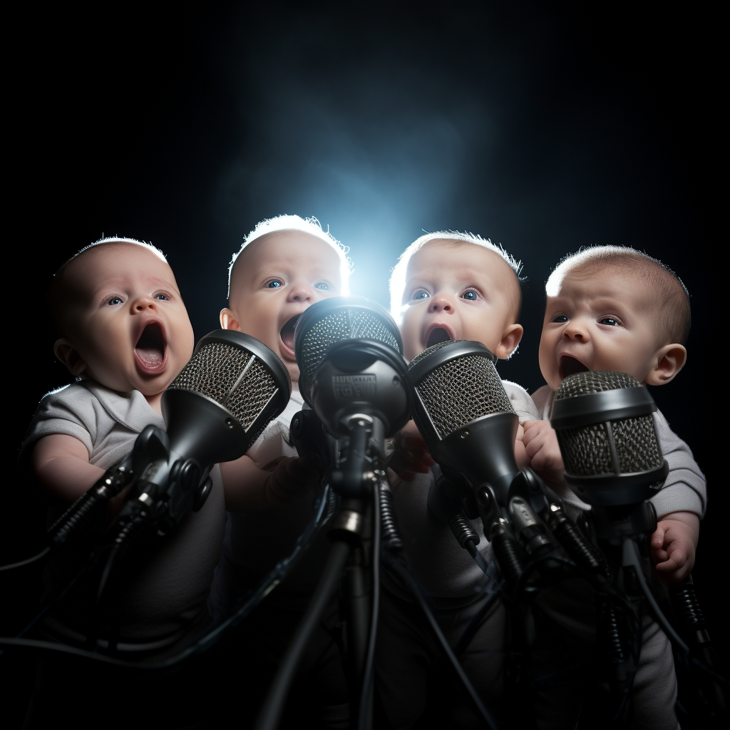 Cute babies emerging from microphone