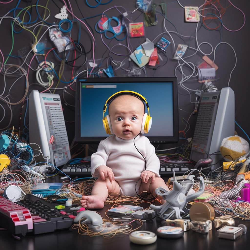 Adorable baby typing code in business attire