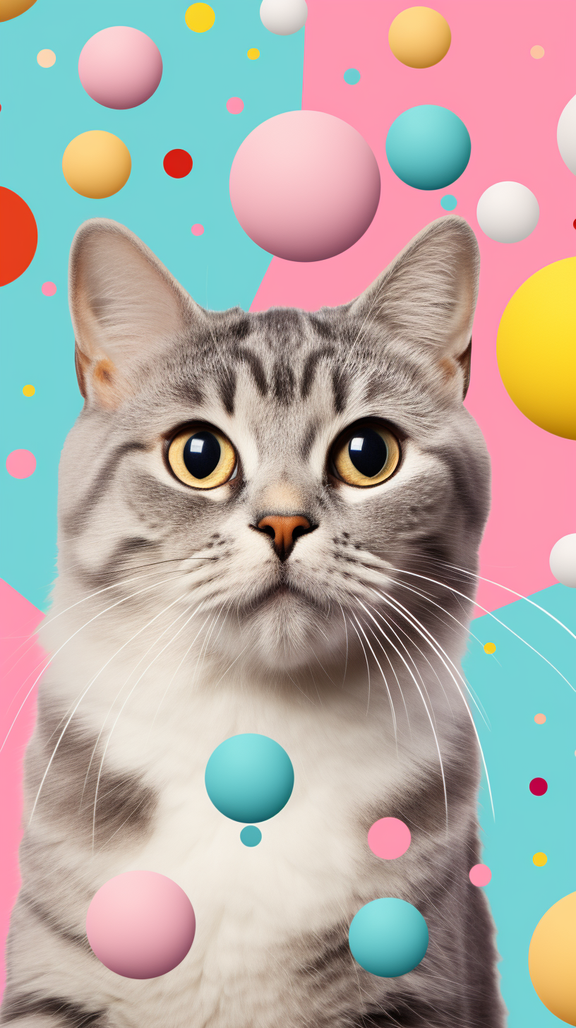 Adorable cat collage with pastel colors and shapes.