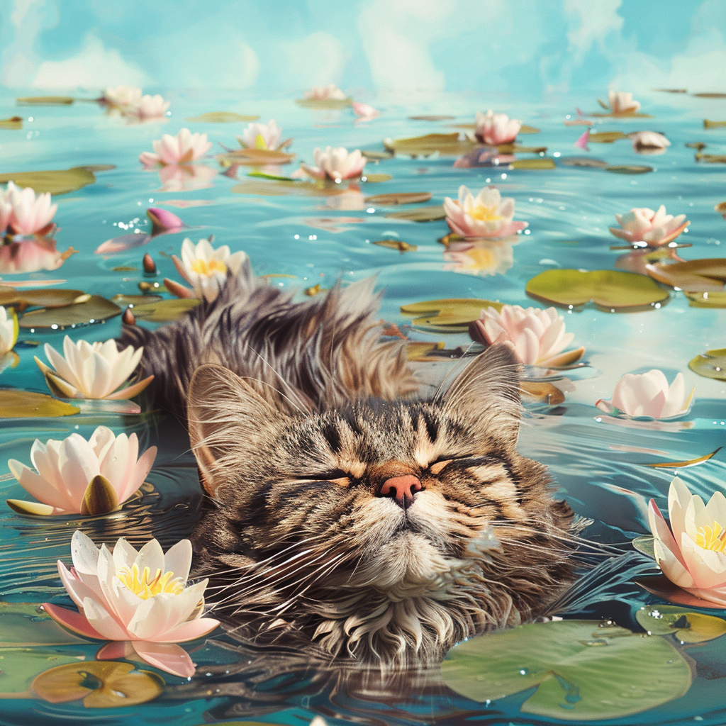 Adorable cat swimming in pond