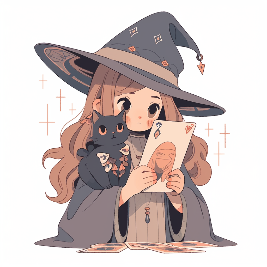 Cute witch with tarot cards and cat