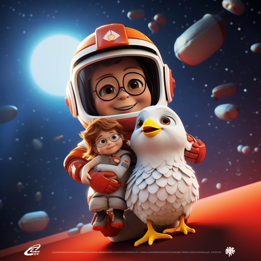 Cute chicken astronaut exploring outer space