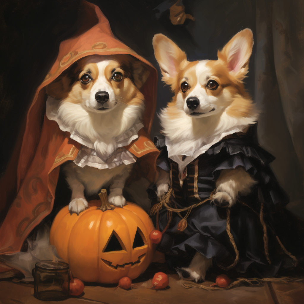 Corgi dogs in Halloween costumes