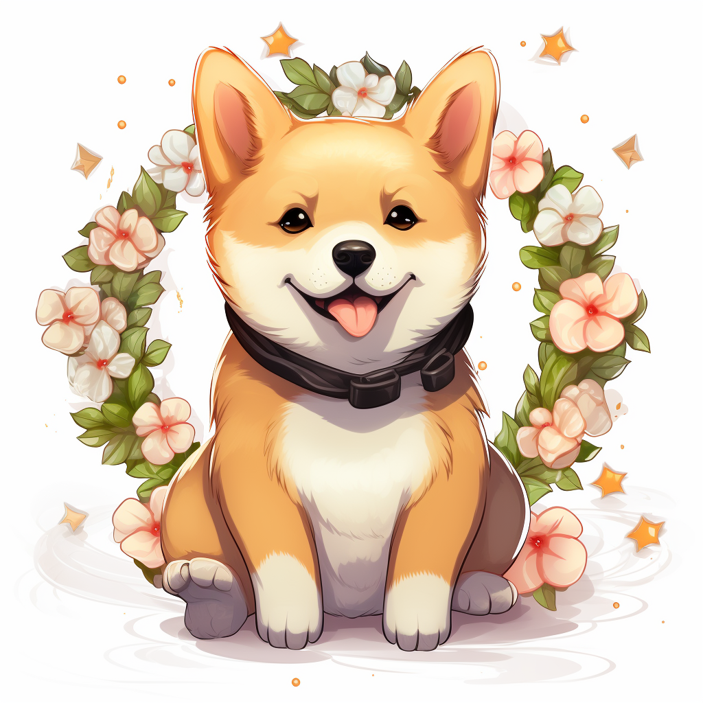 Cute Shiba Dog with Flowers  (5 words).