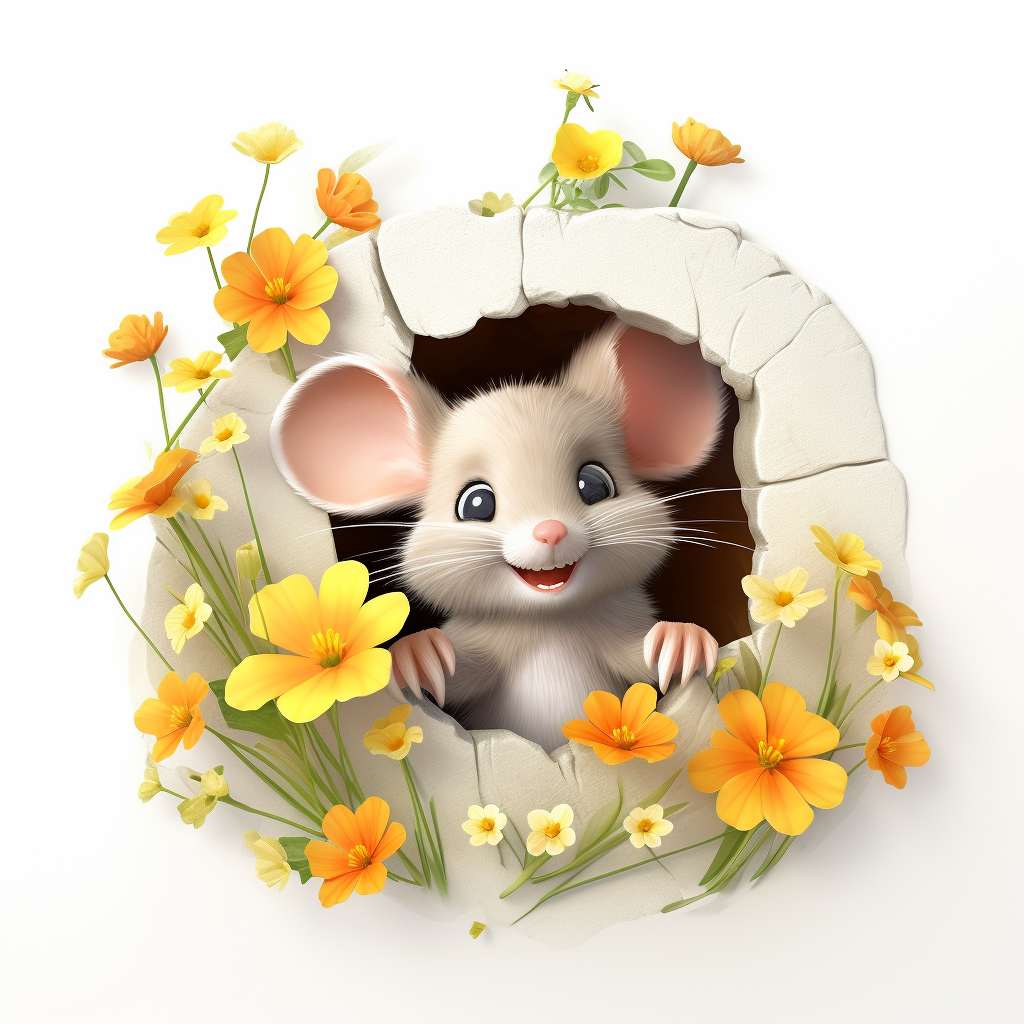 Cute mouse holding wildflowers