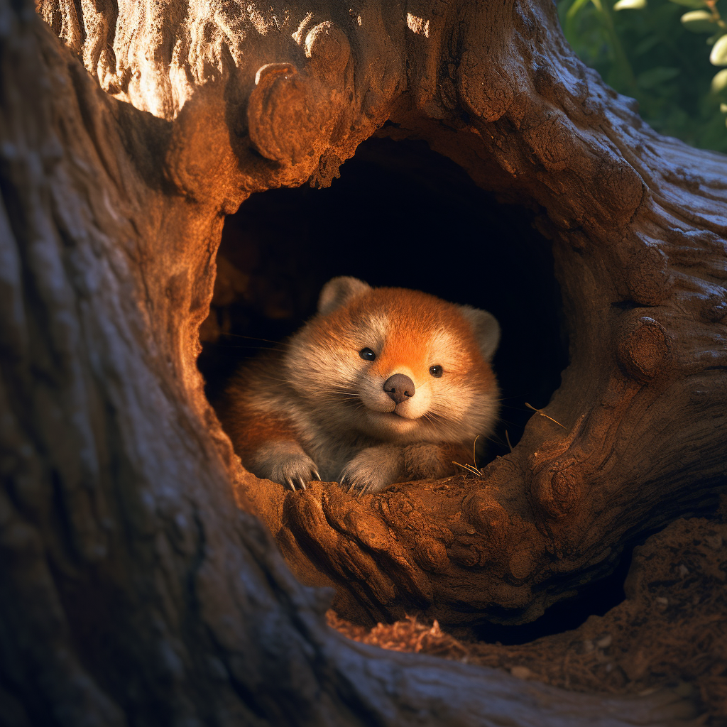 Sweetly sleeping orange animated bear in a tree hole