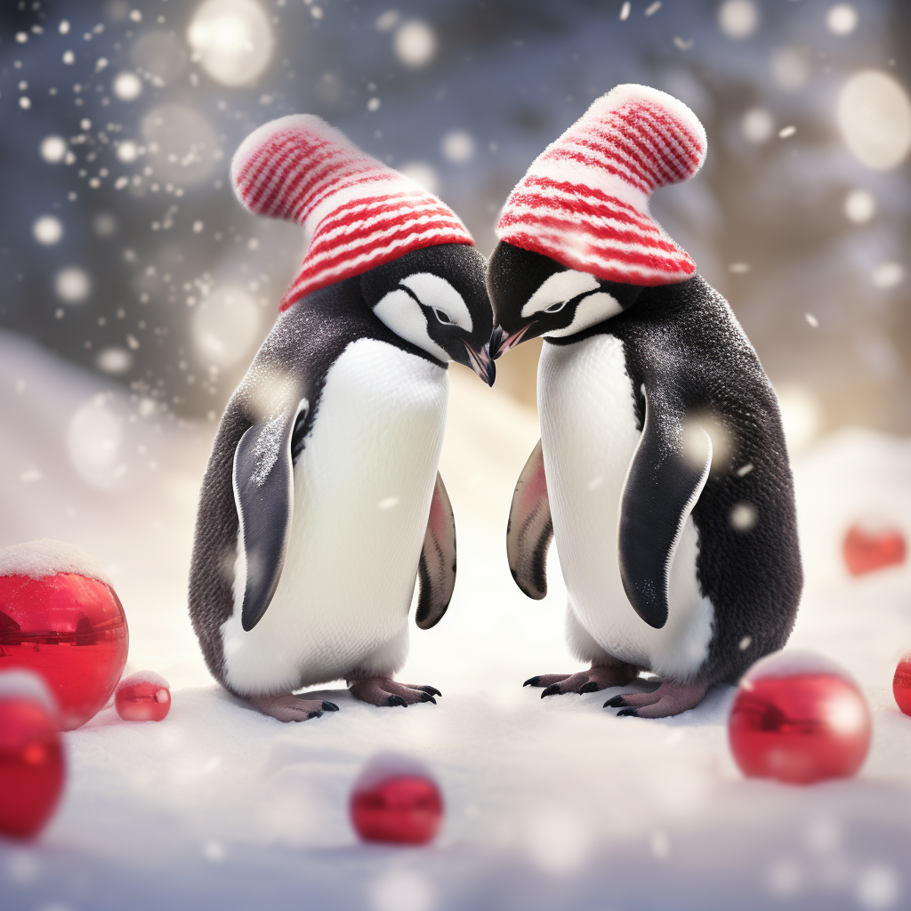 Cute penguins in Santa hats playing in the snow