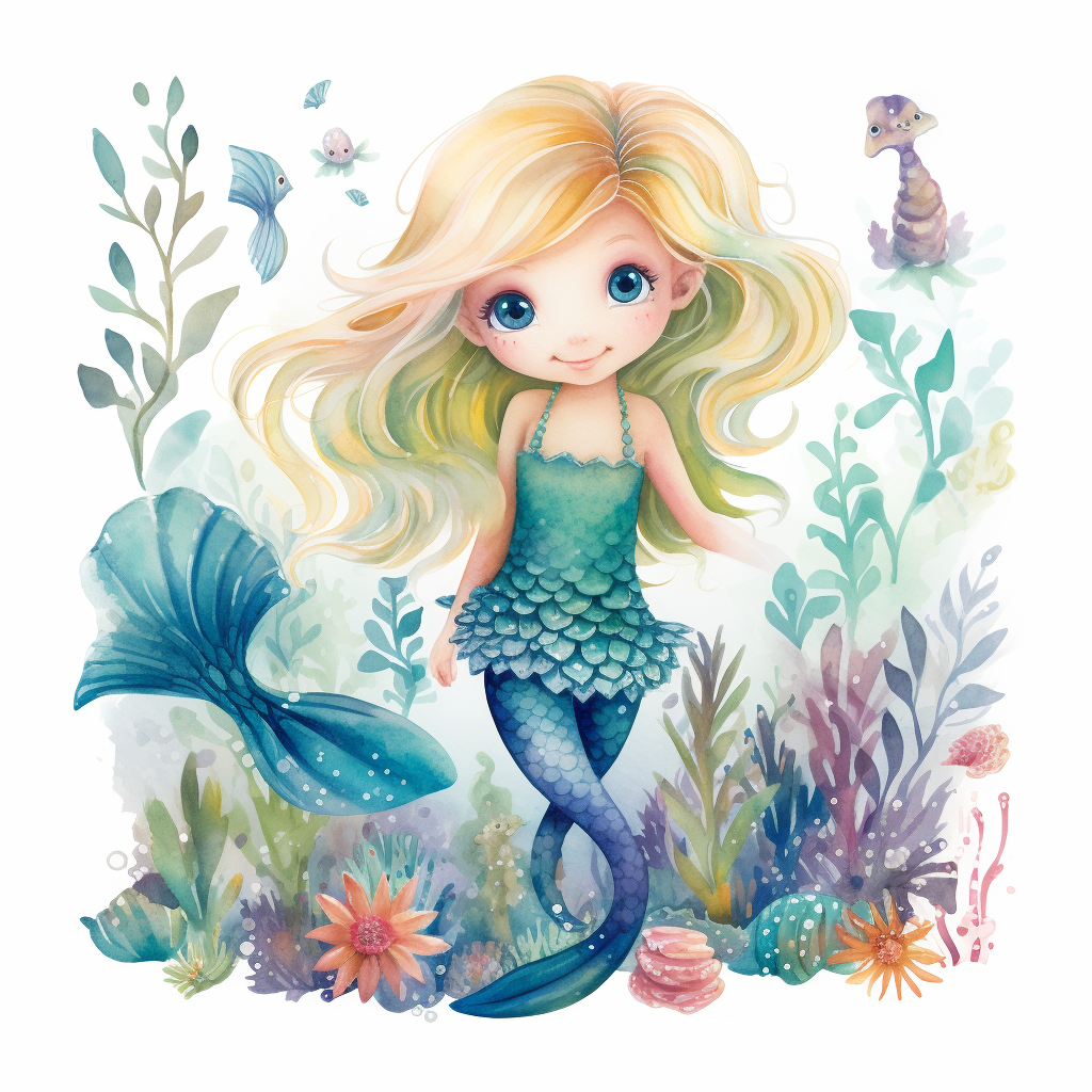 Adorable plump blonde child mermaid in watercolor style