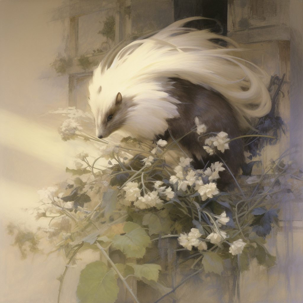 cute skunk holding flower in nature