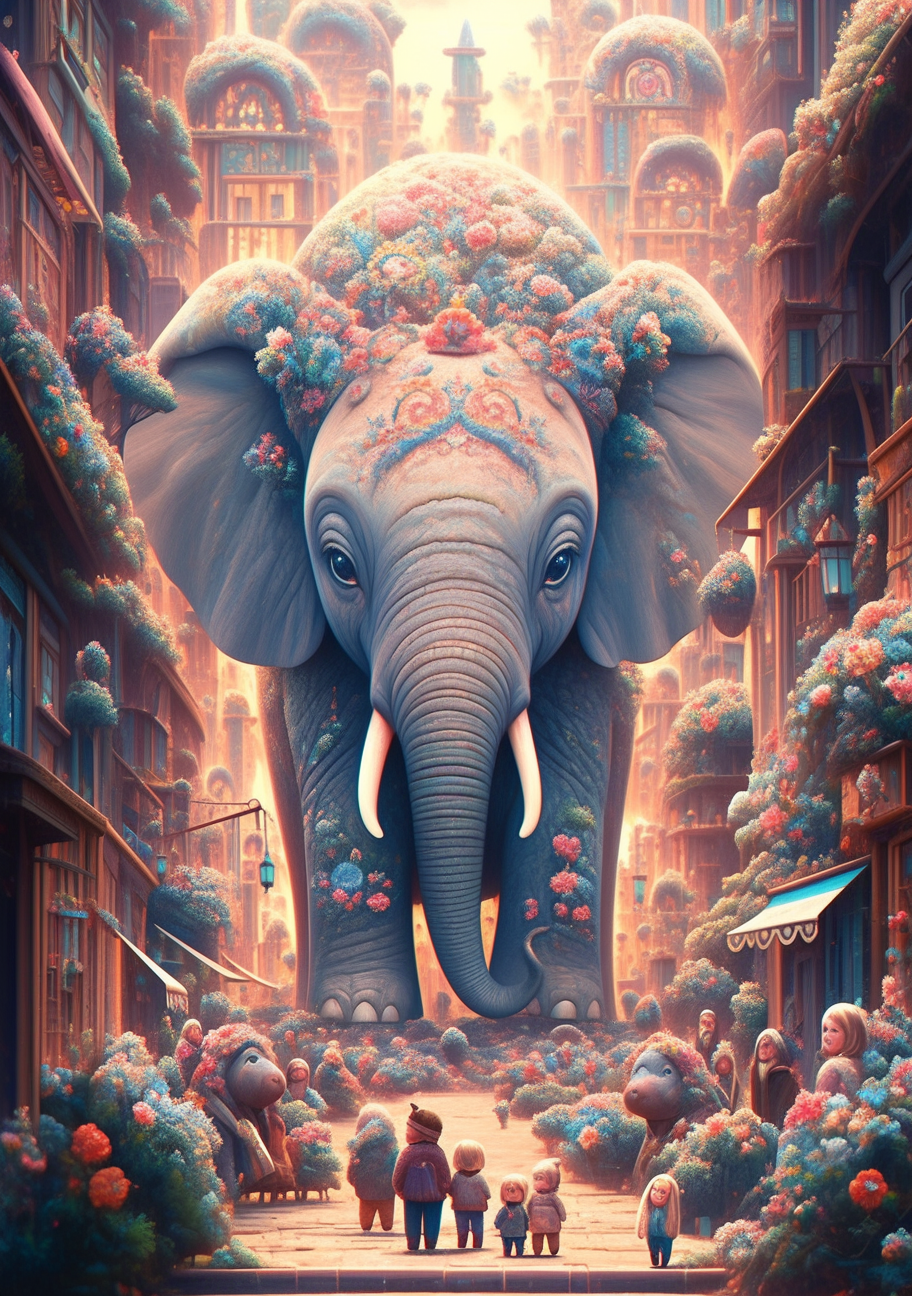 Adorable small elephant character in a crowded scene.