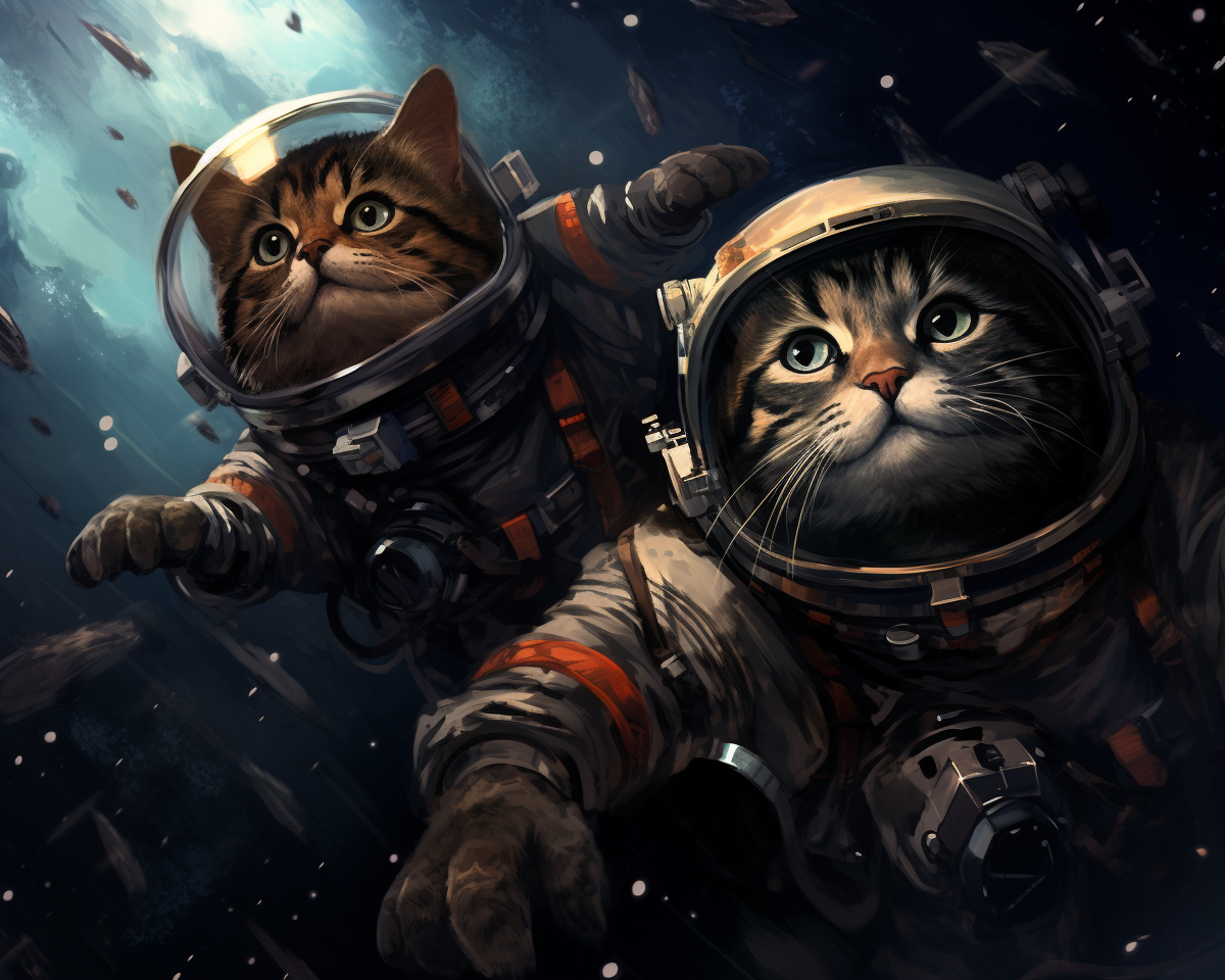 Two cute cats in spacesuits among the stars