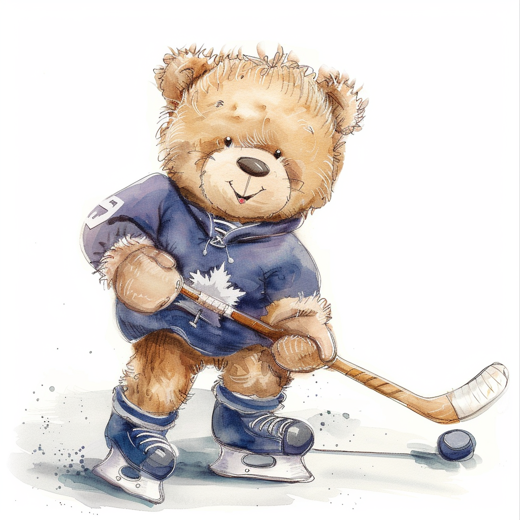 Smiling baby teddy bear playing ice hockey