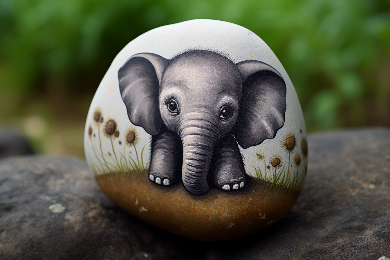 Adorable young elephant rock painting artwork