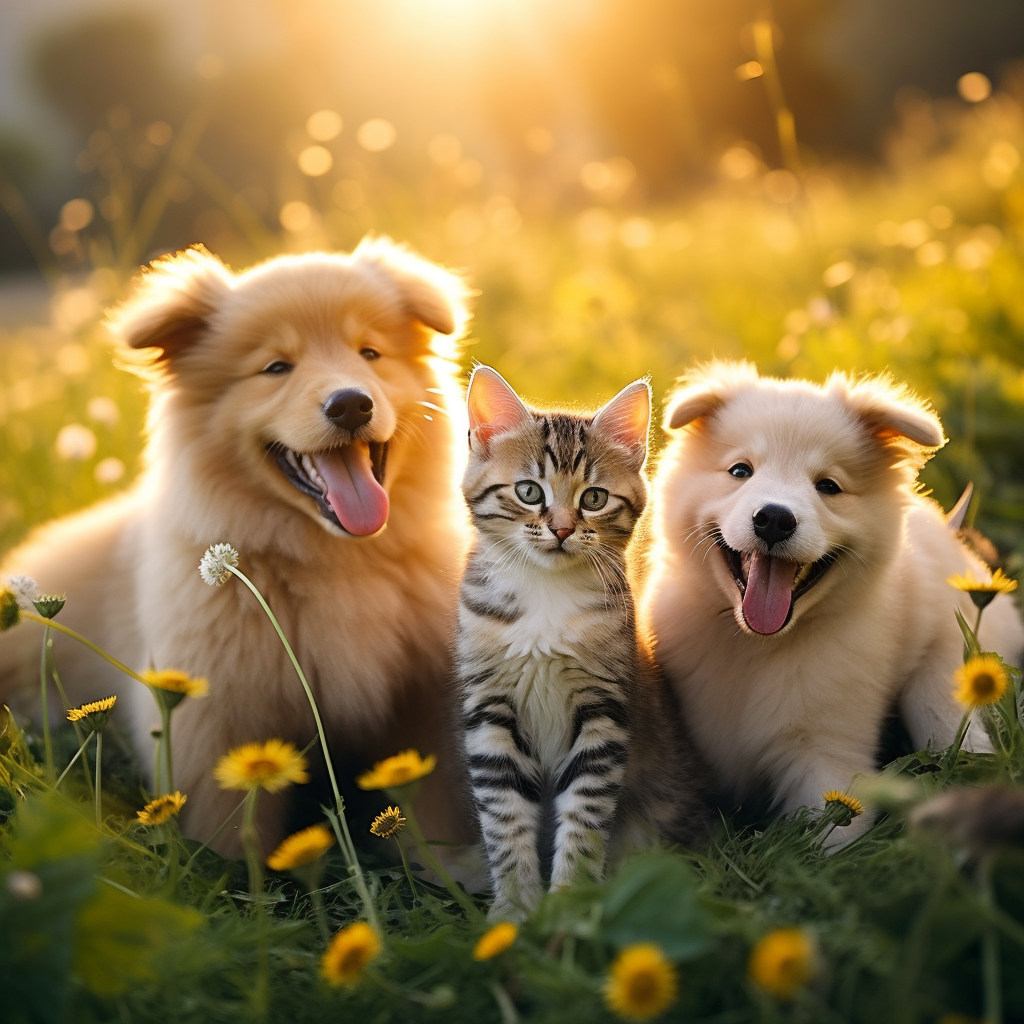 Cute animals playing in meadow