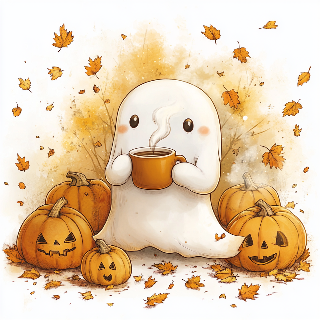 Adorable Ghost with Coffee and Pumpkins