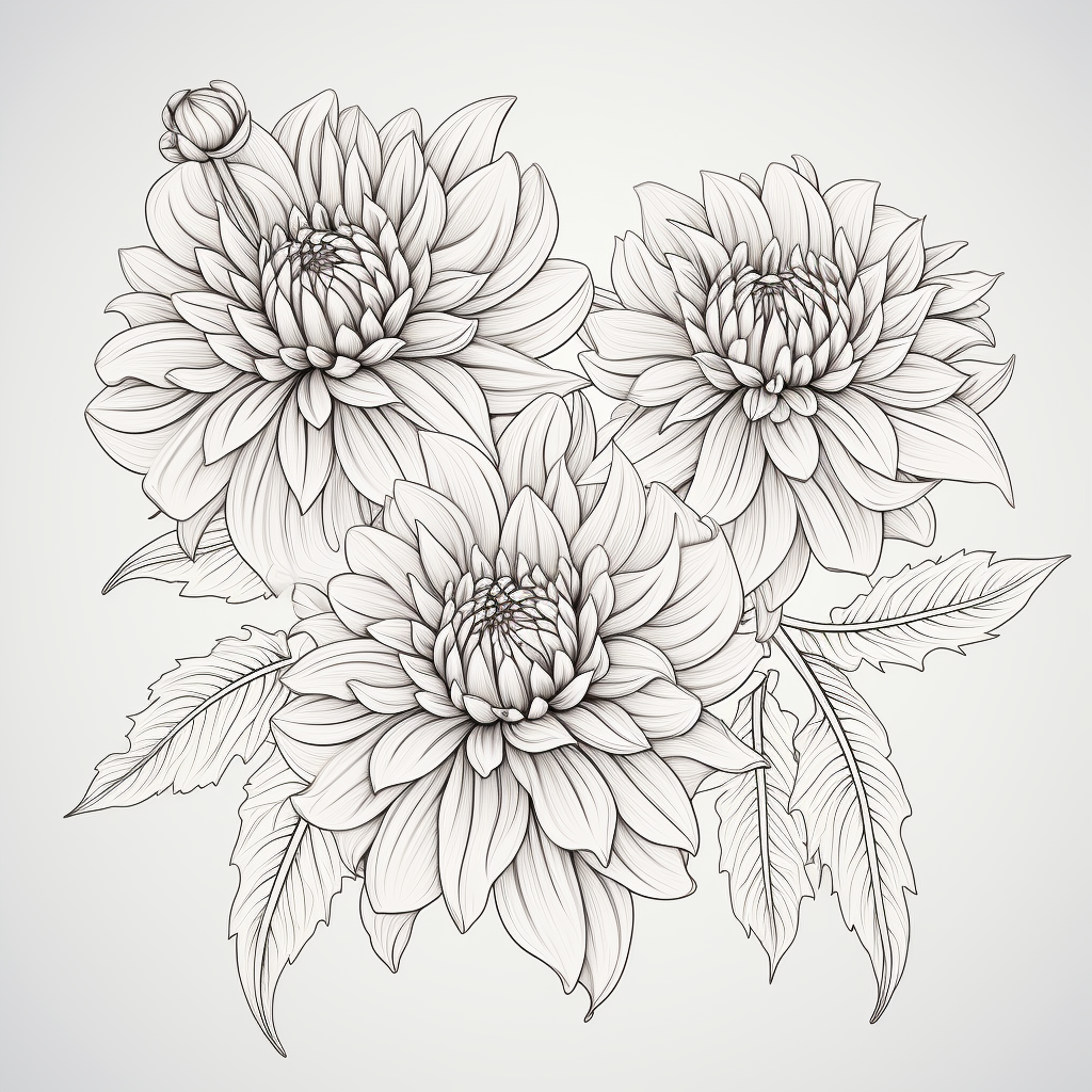 Adult Coloring Page of Globe Dahlias Botanical Drawings