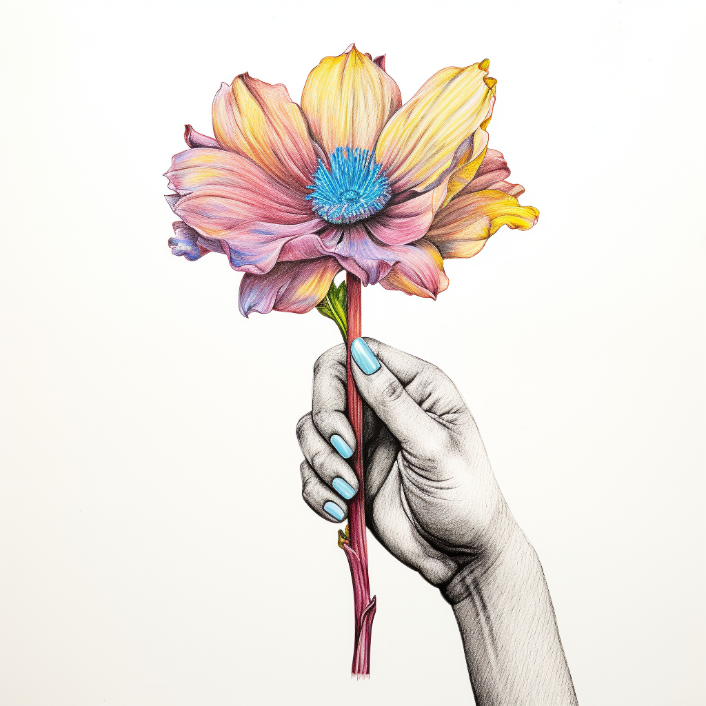 Adult hand holding colorful flower drawing