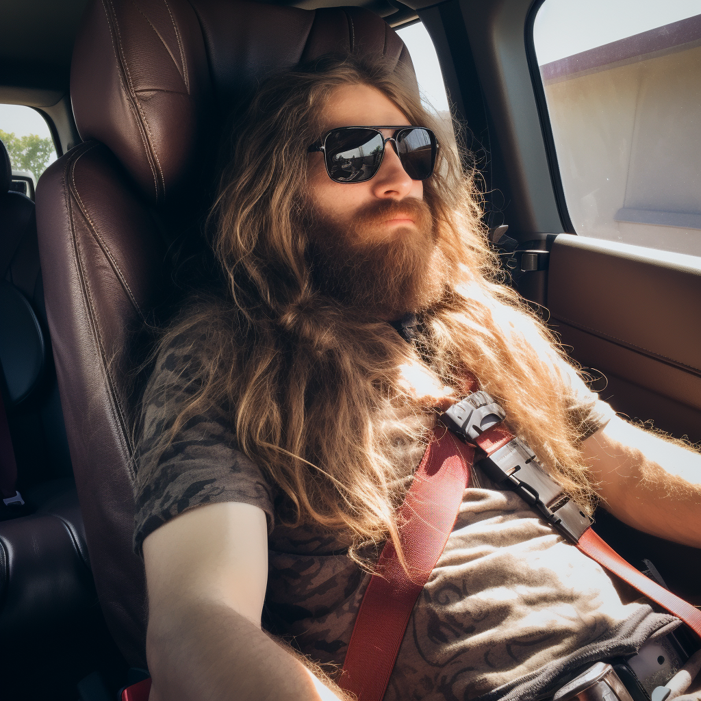 Adult hobbit asleep in car seat