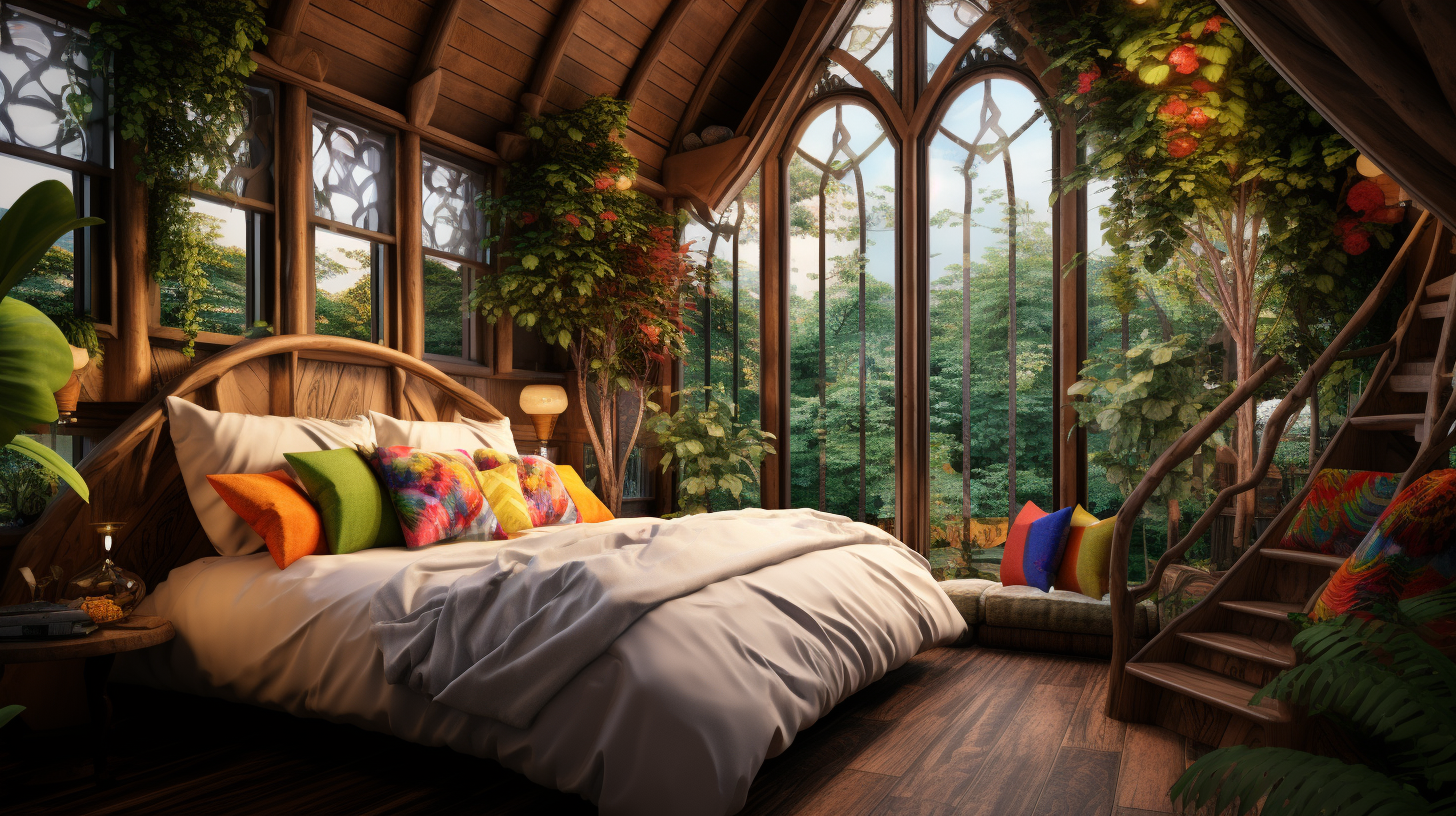 Cozy adult treehouse with king-size bed and colorful pillows