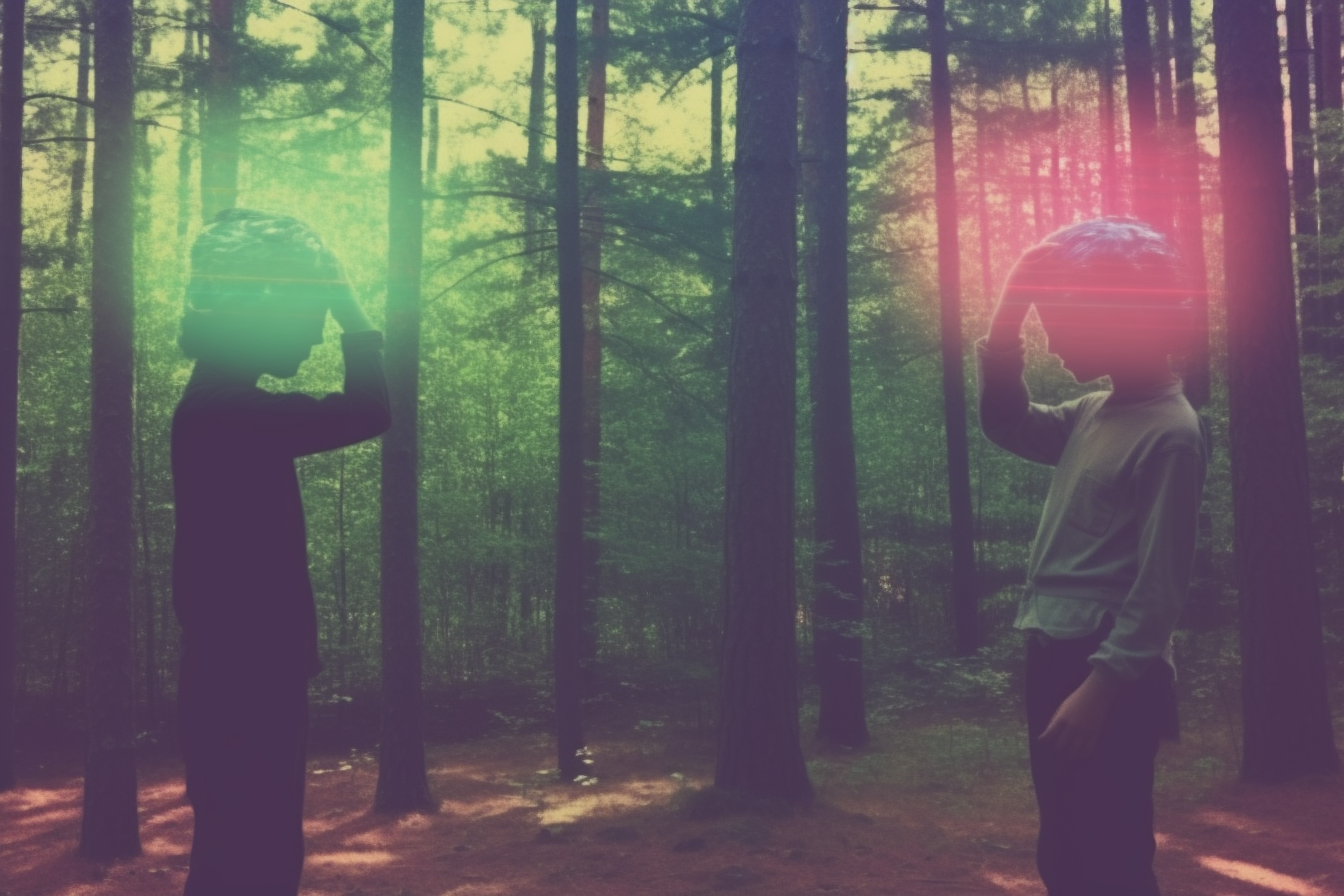 Adult twins experiencing telepathy in the forest