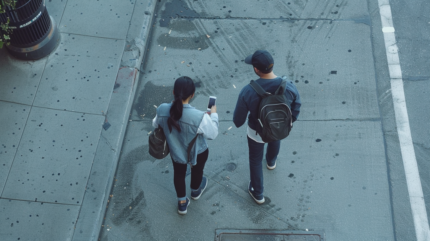 Two adults using phone outdoors