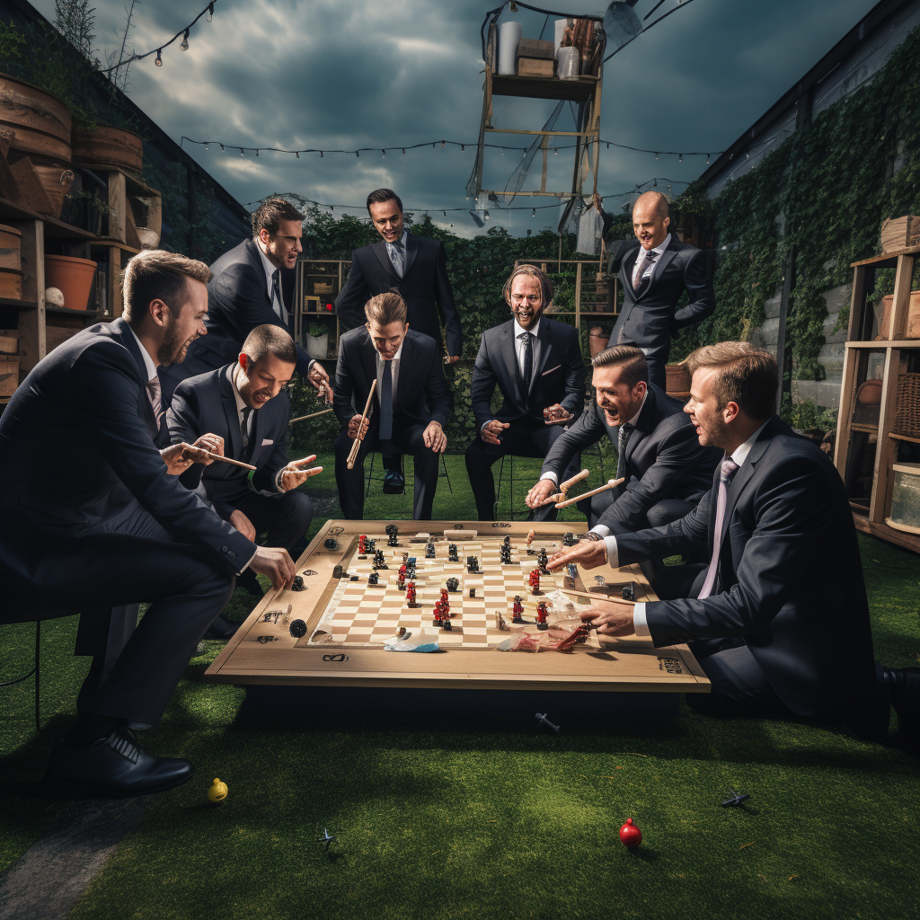 Adults playing childhood game in business suits