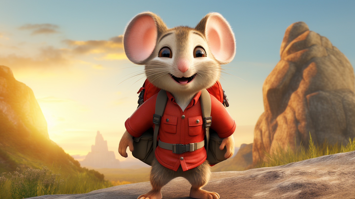 Adventurous mouse with red shirt and brown backpack