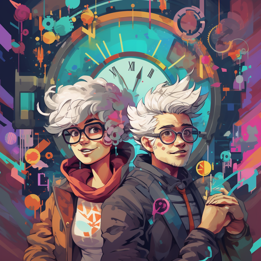 Colorful adventure couple with quirky clocks