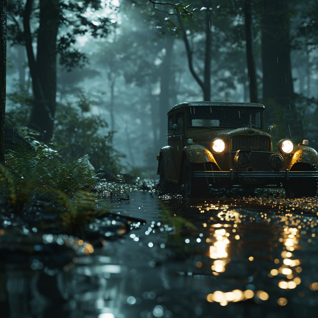 Tuning car in forest during rain