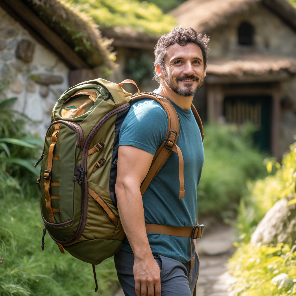 Male Hobbit ready for adventure in Hobbiton