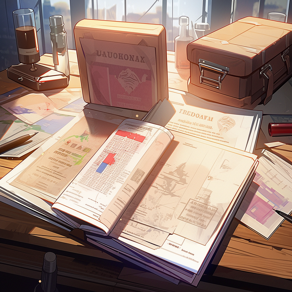 Cartoon illustration of documents on a wooden table