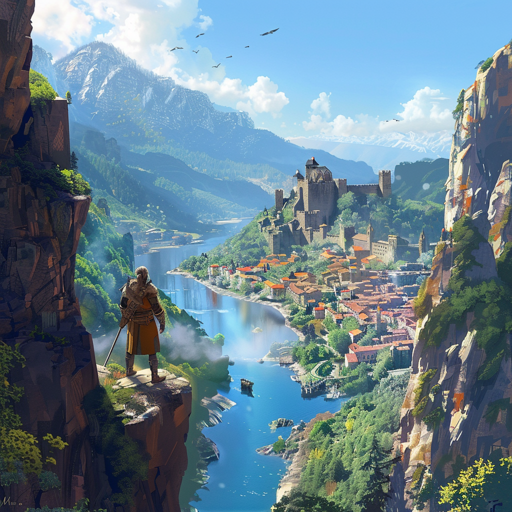 Adventurer on cliff overlooking castle