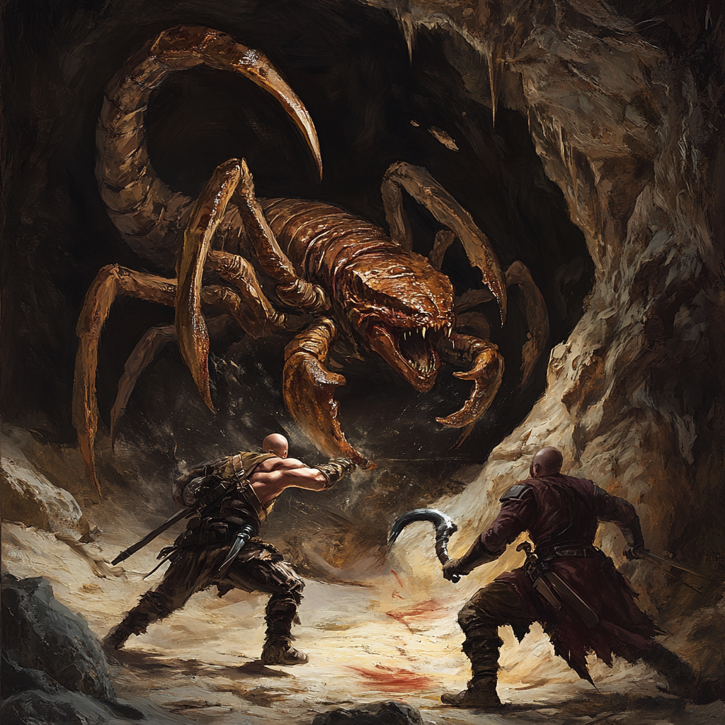 Adventurers battling scorpion in dark cave