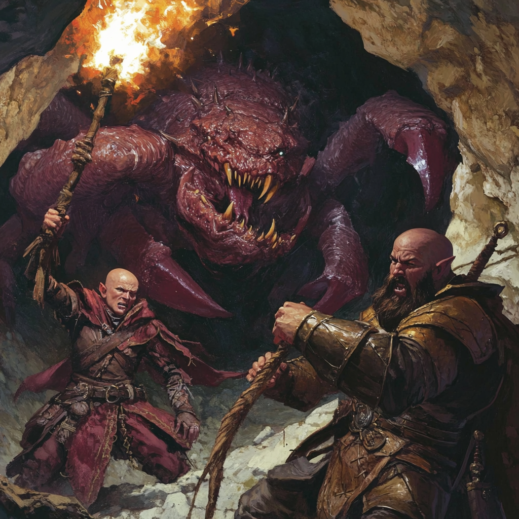 Two adventurers battle giant scorpion