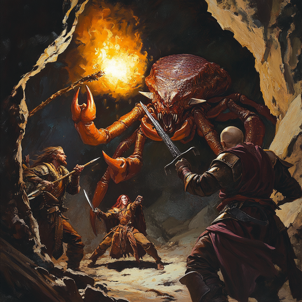 Group of adventurers fighting giant scorpion