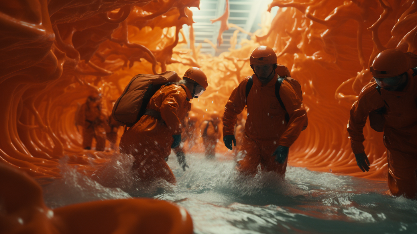 Adventurers caught in whirlpool of orange liquid