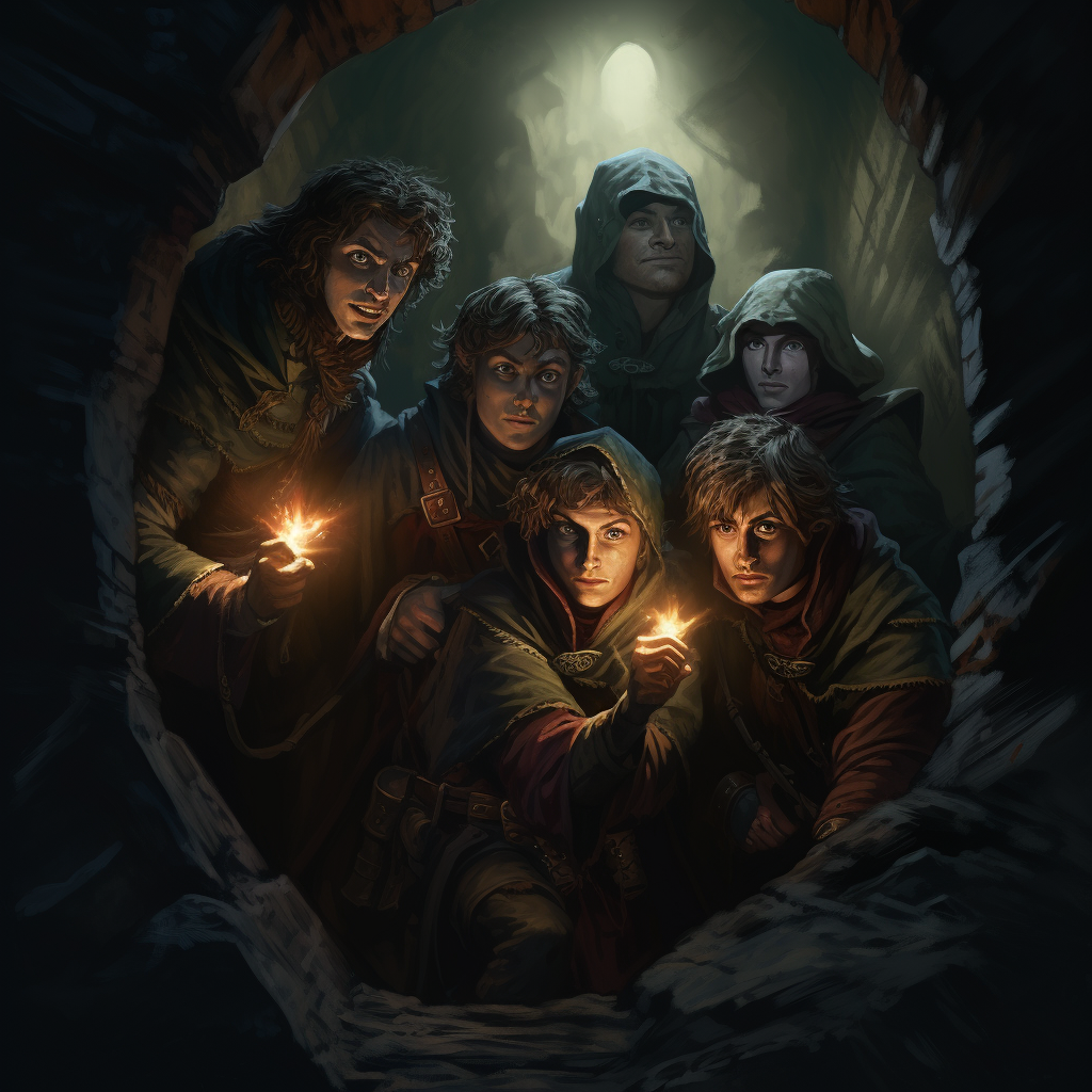 Four adventurers ready for dark dungeon exploration