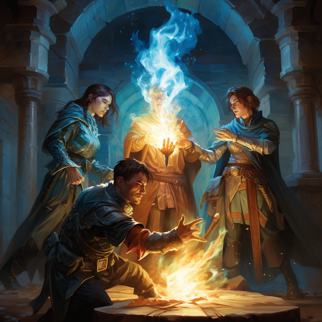 Adventurers opening a crumbling tomb in a dungeon