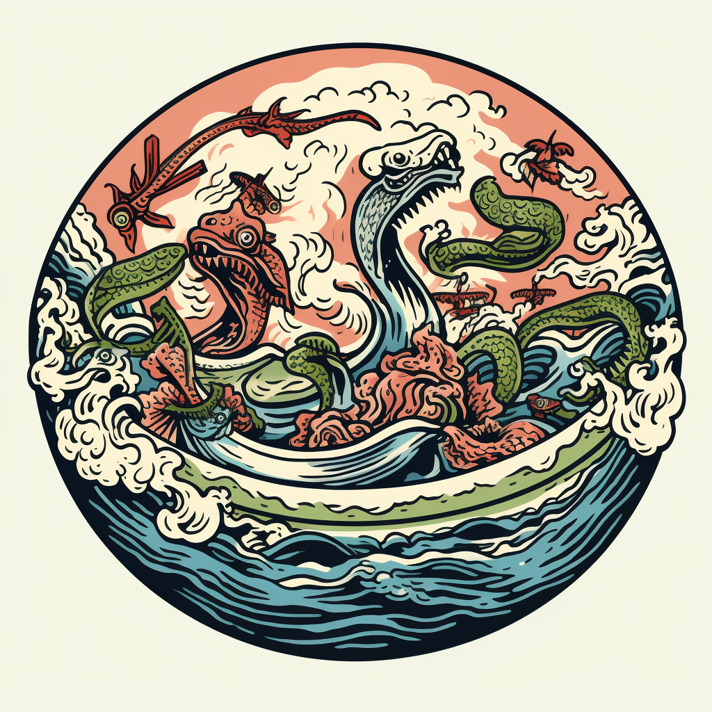 A bowl of soup with adventurers and sea serpent