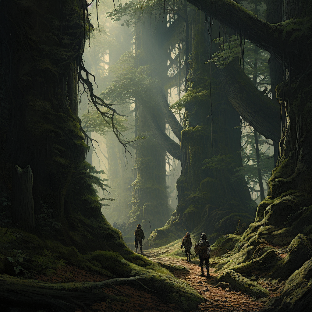 Adventuring group in a serene deep forest