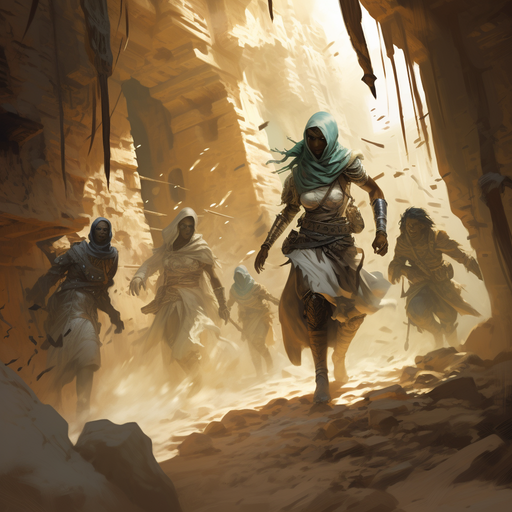 Adventuring party fleeing through desert ruins