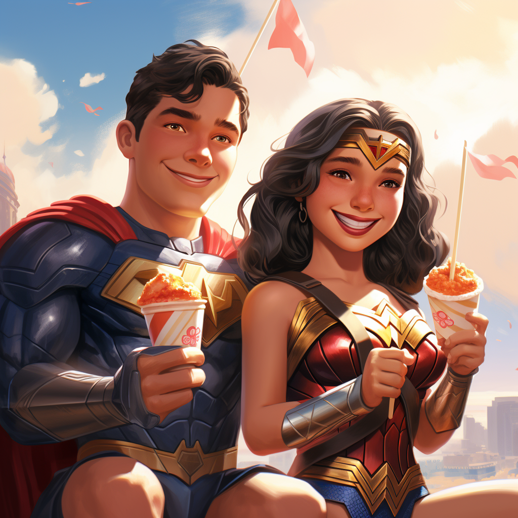 10-year-old Wonder Woman and 25-year-old Superman eating ice cream